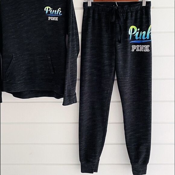 VS PINK RARE High Low Marl Grey Ombré Script Logo Hoodie & Joggers Matching Set - Picture 5 of 10